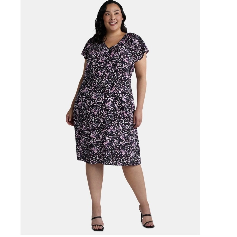 Terra & Sky Flutter Sleeve Midi Dress 1X (16W–18W) Feather Dot Violet Pink‎ New